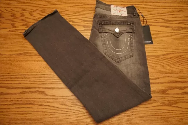 NWT MEN'S TRUE RELIGION JEANS Ricky Big T Flap Straight Jean Grey Charcoal $199