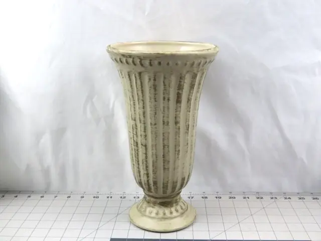 Haeger Floral Pedestal Urn Vase Ceramic Columned Ribbed Tall Beige Distressed