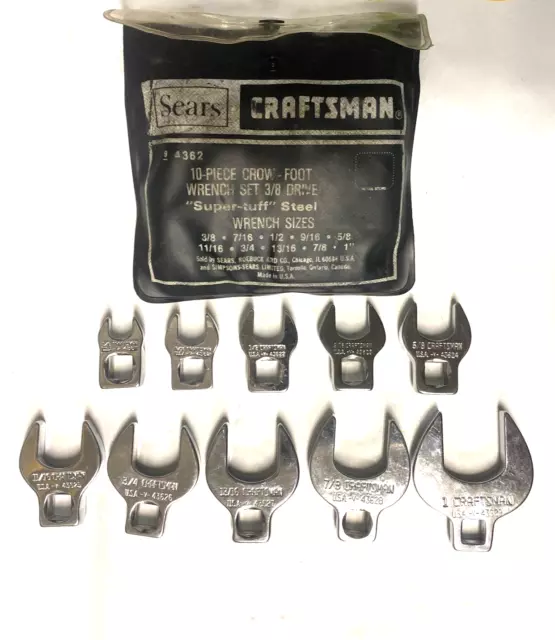 Craftsman USA, 10 Piece Crow foot Wrench Set, 3/8 Drive, 3/8”-1”.