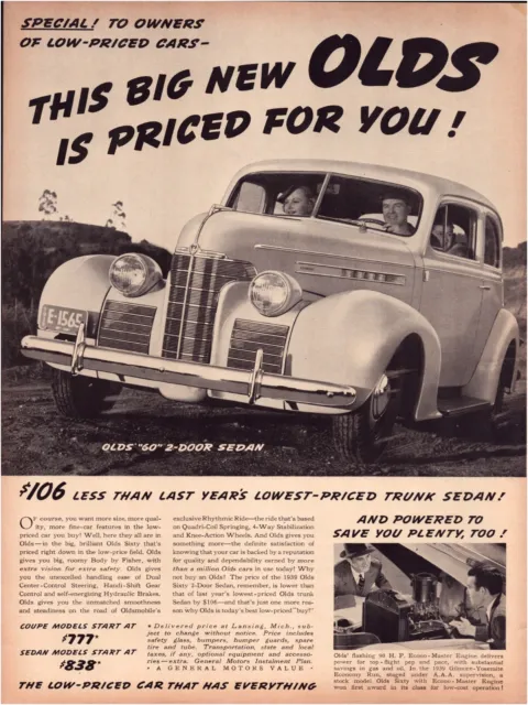 Print Ad Oldsmobile 60 Sedan 1939 Full Page Large Magazine 10.5"x13.5"