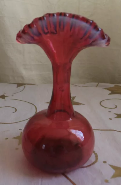 Vintage Cranberry Glass Vase  - Elegant Unusual Shaped Fan - Coloured Flecks