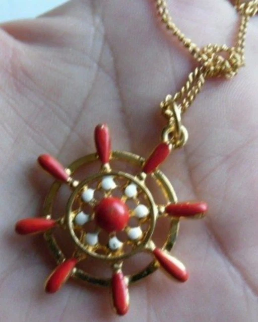 Collier Vintage Signé Leritz - Or Couleur, Fleurs En émail Rouge Vert Bleu - Bijou Ancien Parfait état