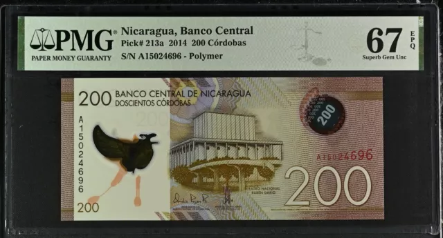 Nicaragua 200 Cordobas 2014 P 213 Polymer Superb Gem UNC PMG 67 EPQ