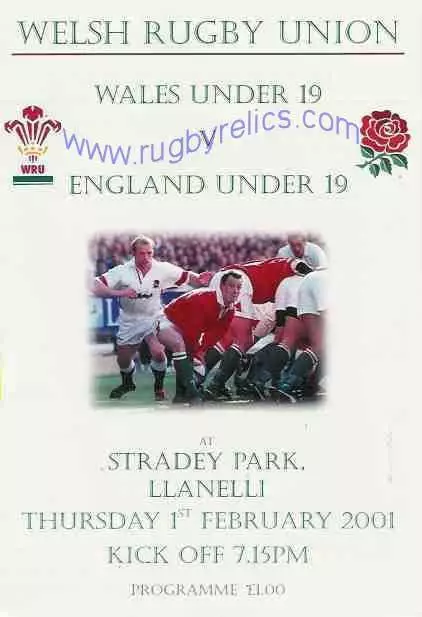 WALES v ENGLAND SCHOOLS 1 Feb 2001 SENIOR UNDER 19 RUGBY PROGRAMME at LLANELLI