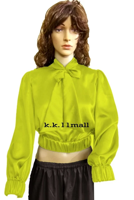 Fiocco Cravatta Camicetta Giallo Verde Raso Camicia Vintage Indossare Alto Crepe