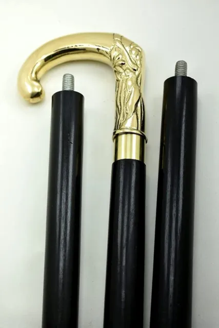 Solid Brass Umbrella Head Handle Vintage 3 Fold Black Wooden Walking Stick Cane