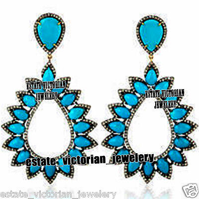 Amazing 6.02Ct Rose Cut Diamond Turquoise Studded Silver Vintage Earring Jewelry