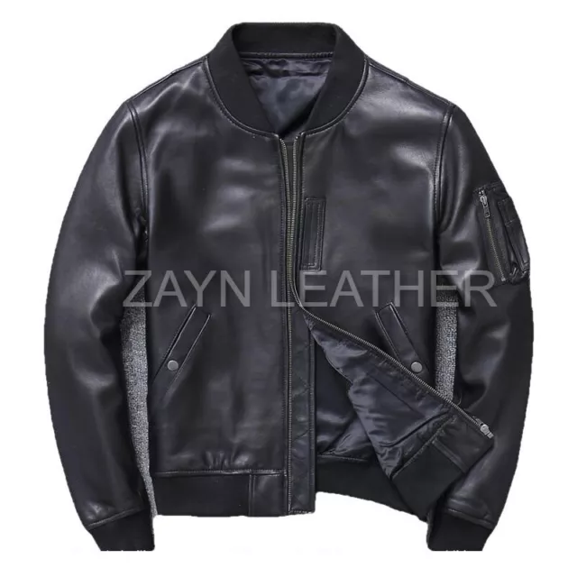 Hombre Cuero Negro Cazadora Motero Genuino Cordero Cuero MA-1 Chaqueta