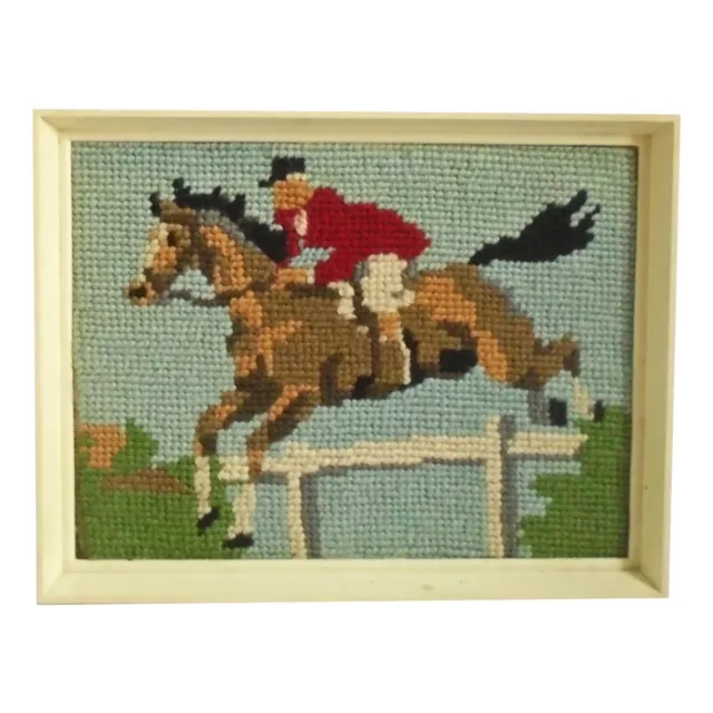 Needlepoint Woolwork Tapestry Vintage 8" Picture Horse Rider Show Jumping Jockey