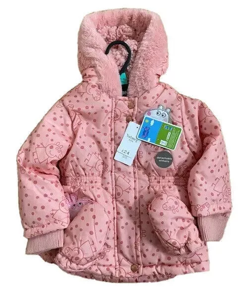 Girls Peppa Pig Hooded Winter Coat & Mittens  Pink Ages 1-6 Years New with Tags