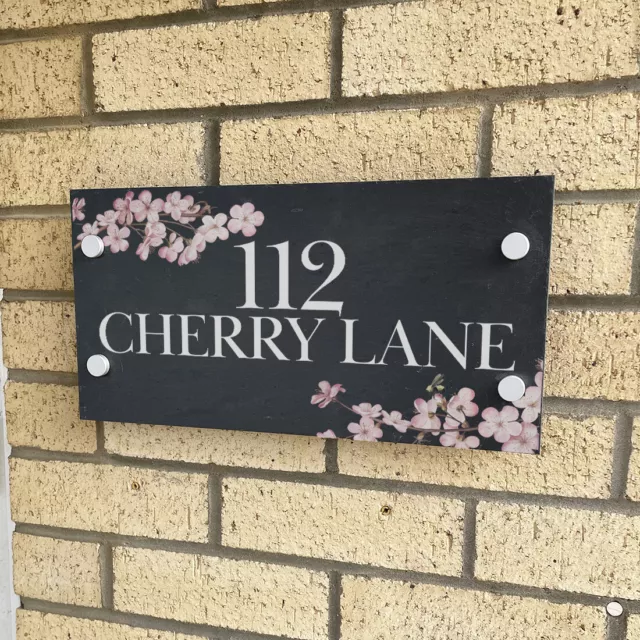 Personalised Cherry Blossom Slate House Number or Name Wall Mounted Sign