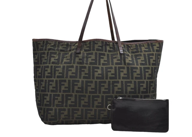 Authentic FENDI Vintage Zucca Shoulder Tote Bag Nylon Leather Brown 0741E