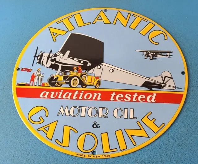 Vintage Atlantic Gasoline Sign - Gas Service Station Pump Plate Porcelain Sign