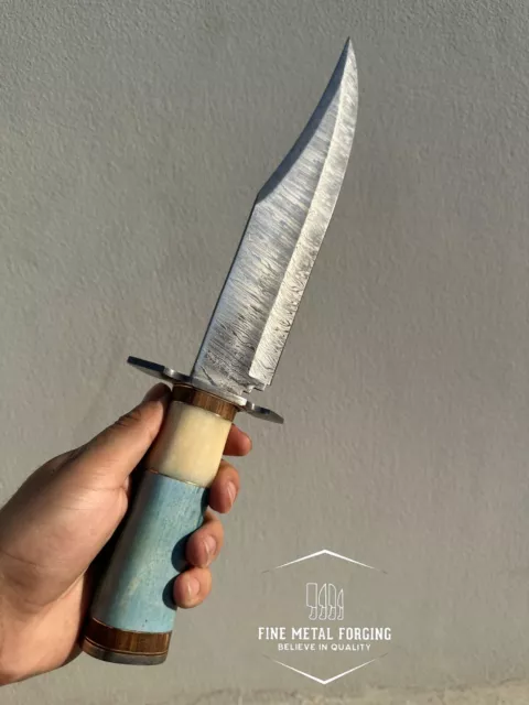 13 inch Hunting steel bowie, Dyed bone handle, damascus steel