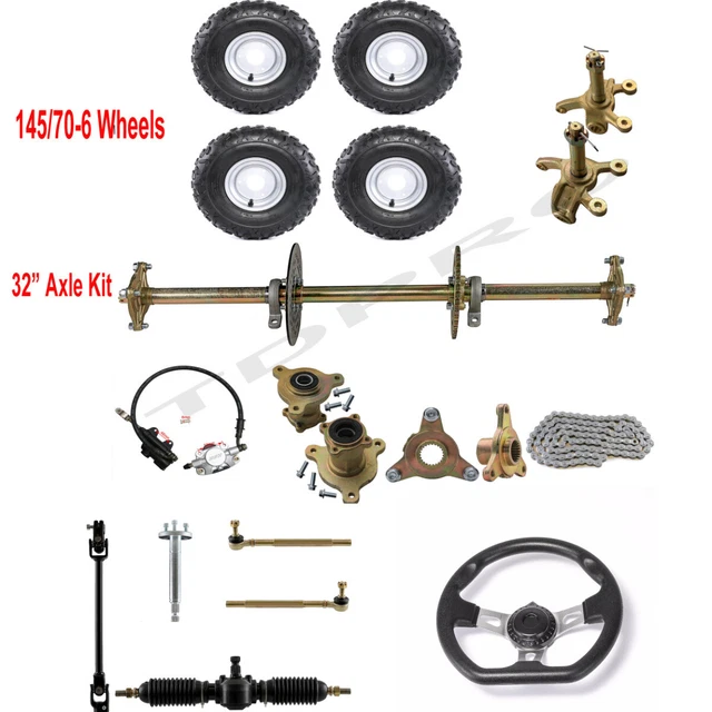 32" Go kart Rear Axle kit 6" Wheels Front Steering Assembly Brake For ATV Quad