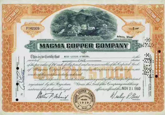 Magma Copper Company 1960 Maine Superior Webster Newmont Mining Ely Nevada 1 Sha