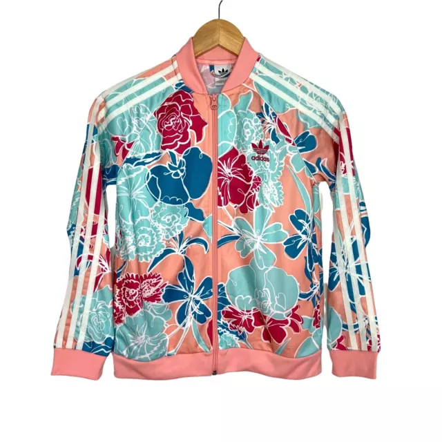 Adidas Originals Girls Superstar floral Trefoil Track Jacket Sz Medium Pink Blue