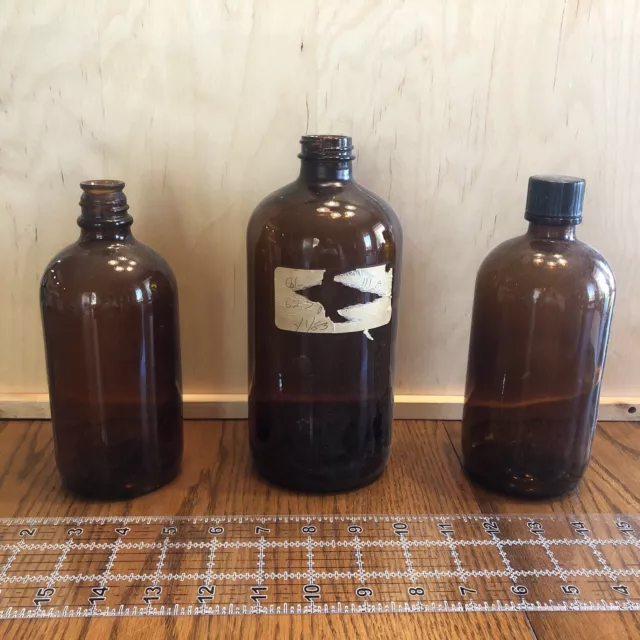 3 Vintage Brown Amber Chemistry Lab Glass Medicine Bottle Jar 1 W/ Lid Tall