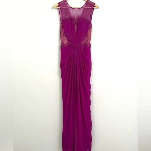 BCBGMazazria Tamara Shirring Detail Lace Yoke Gown in Fuchsia, Size 2 NWOT