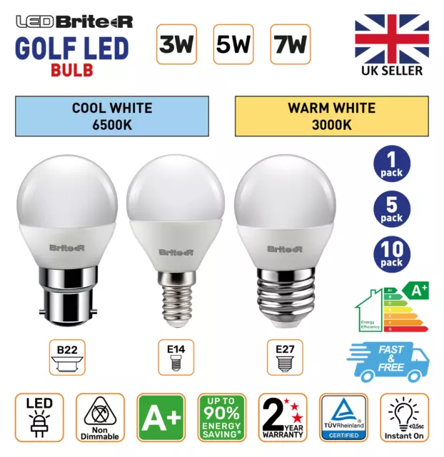 5/10x LED Light Bulbs B22 Bayonet E14 E27 Screw Golf 3W 5W 7W Warm Cool White A+