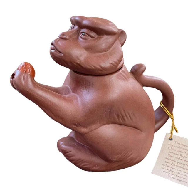 monkey teapot handmade with purple clay from Yixing China red brown In Color 5x6