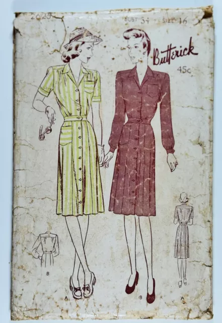 1940's WW11 Vintage Sewing Pattern Butterick 2625 Button Down Frock Bust 34”