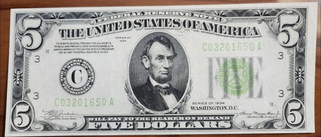 Fr 1955-C 1934 $5 Lime Green Seal Five Dollar Federal Reserve Note Philadelphia