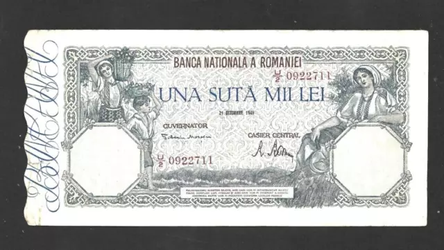 100 000 Lei Very  Fine Crisp Banknote From Romania 1946  Pick-58