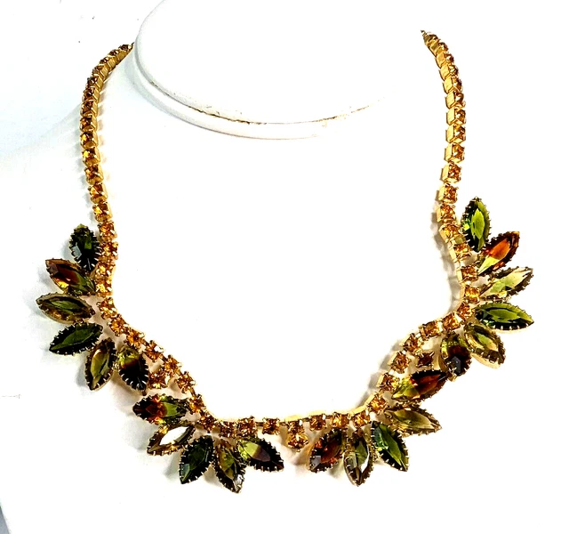 Vintage JULIANA Watermelon Navette Gold Rhinestone Gold Tone Necklace for Repair