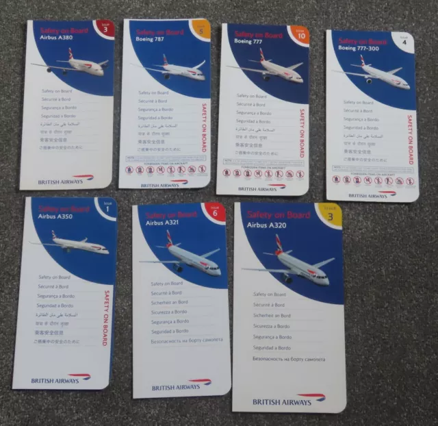 7 x British Airways Airbus A380/350/A320/321 Boeing 777/787 Airline Safety Card