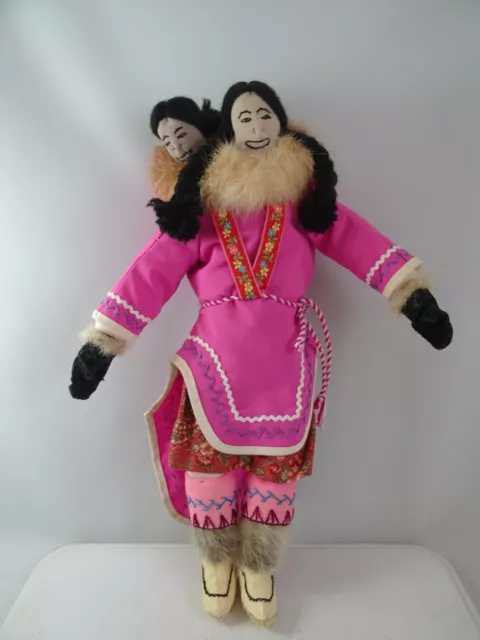 Inuit Handmade Eskimo Mother & Baby In Papoose Folk Art Doll