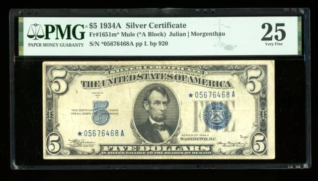 DBR 1934-A $5 Silver Mule STAR Fr. 1651m* PMG 25 Serial *05676468A