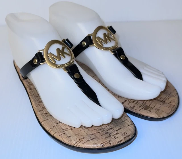 MICHAEL KORS Flip Flops Womens Sz 7 Black Jelly Thong Sandals Cork MK Gold Logo