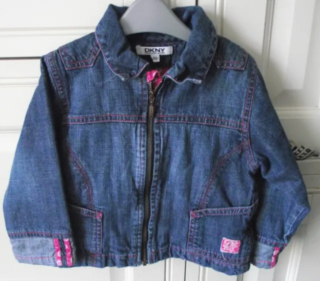 Dkny - Girls Blue Denim Jacket With Pink Trip - Size 18M