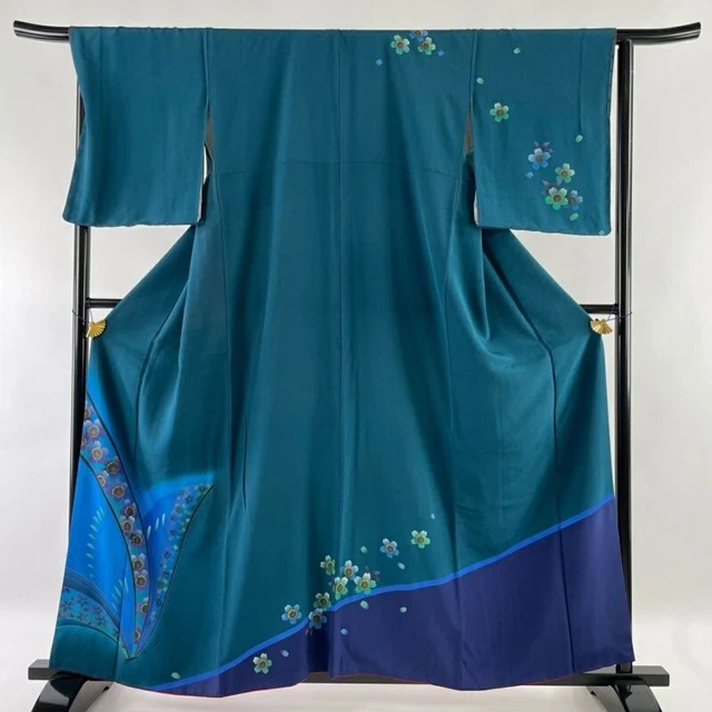 Woman Japanese Kimono Houmongi Silk CherryBlossom Butterfly Gold Foil BlueGreen