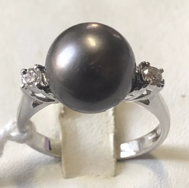 White Gold Ring 18 Kt. with Natural Diamonds Bright And Pearl Tahiti Ct. 9,11