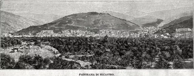 Nicastro: panorama. Grande veduta. Oggi Lamezia Terme. Stampa antica del 1898