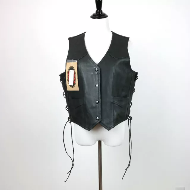 Womens XL River Road Motorcycle Biker Black Leather Vest Lace-Up Sides NWT 2