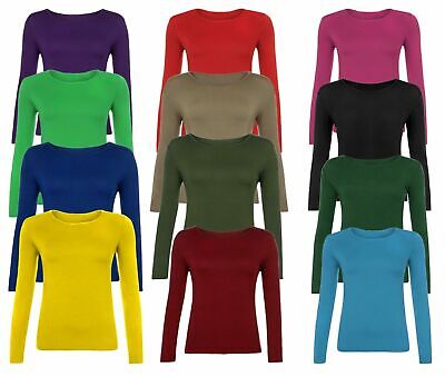 Girls T-shirt Kids Long Sleeve Round Neck Plain Basic Ladies Stretch 4-13 Years