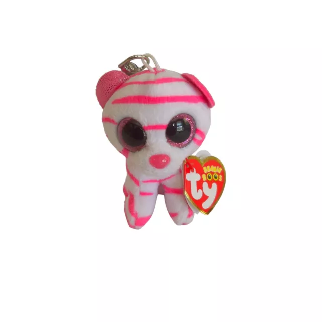 Ty Beanie Boos ASIA Pink White 4” Tiger Plush Key Clip Big Pink Glittery Eyes