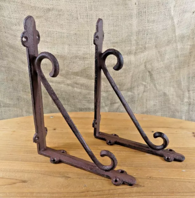 2 Cast Iron Brackets Braces Shelf Bracket RUSTIC Corbels Braces W/ Plant Hanger