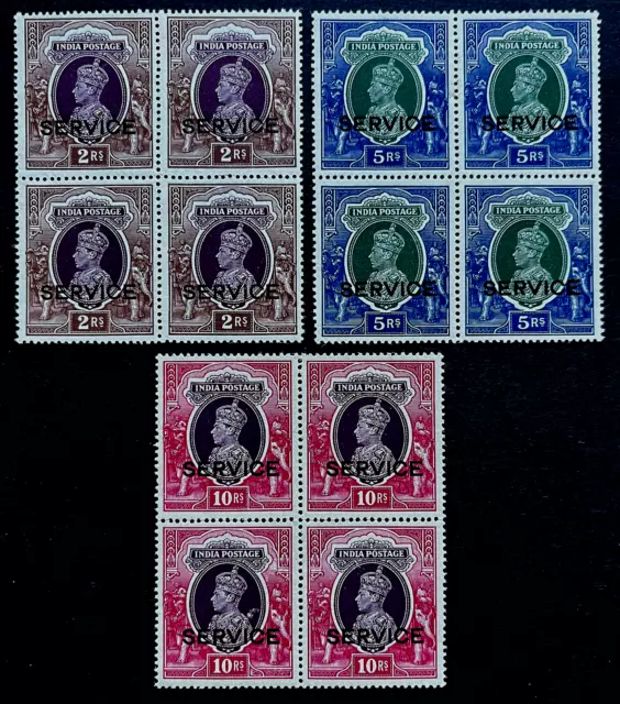 India Kgv1 Services Sg O136-O138 Mint Never Hinged Blocks Of 4