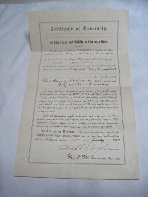 Vintage 1919 Union Cemetery Deed Elizabeth Perry Campbell Steubenville Ohio