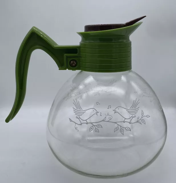 Vintage MCM Cory Glass Coffee Maker Pot Carafe With Lid Green Handle With Birds