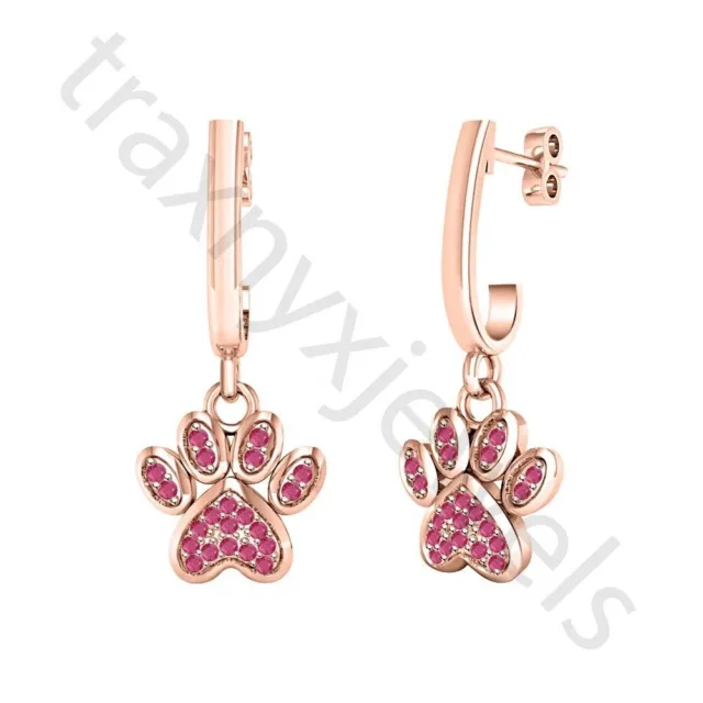 0.50 ctw Lab Created Ruby 14K Rose Gold Over Puppy Dog Paw Print Dangle Earrings