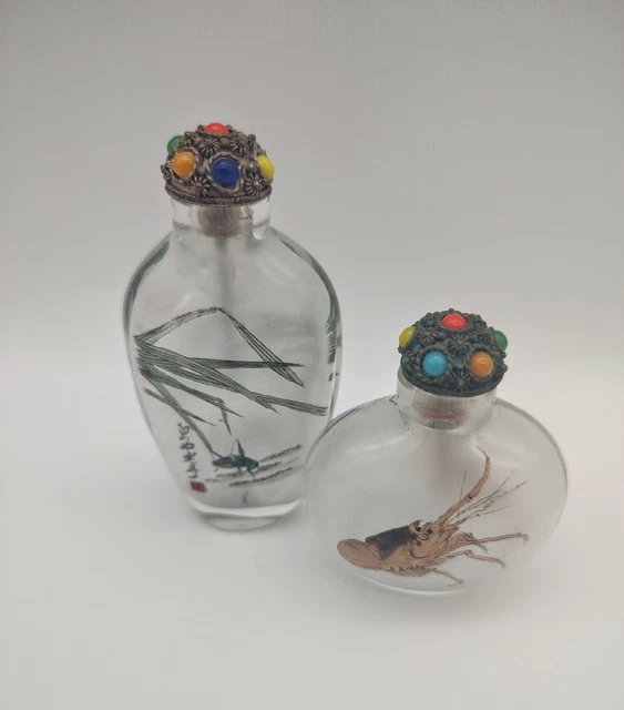 Two Asian Snuff Bottles Glass Reverse Painting Jeweled Top Shrimp /Grasshopper