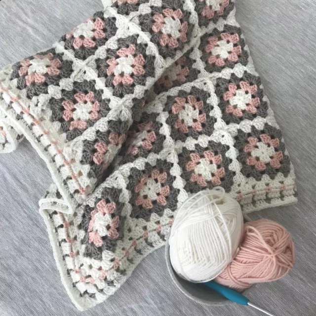 Baby Blanket Crochet Granny Square Blush Pink, Light Brown Grey and Cream