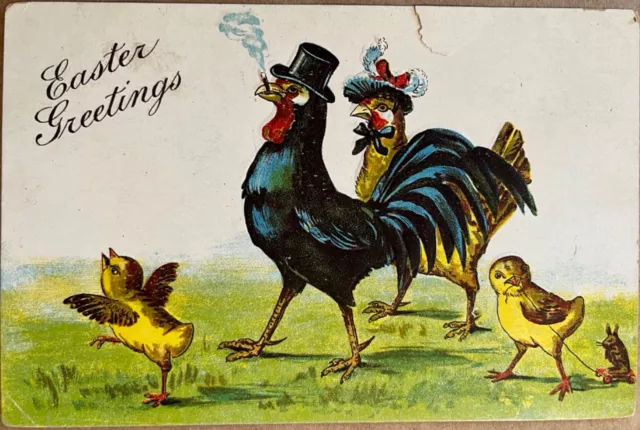 Easter Rooster Smoking Cigar Chick Bunny Rabbit Pull Toy Vintage Postcard c1910