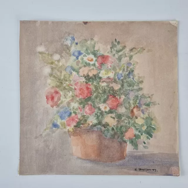 E. Buxton Signed Watercolour Still Life Pot Of Flowers