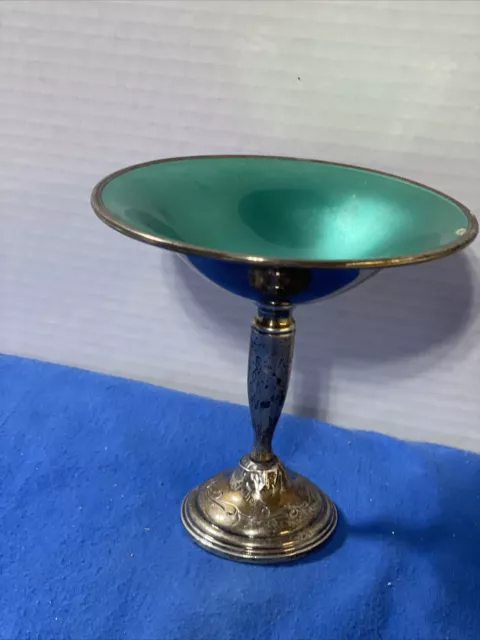 Towle Sterling Silver Pedestal Compote Teal Green Enamel Interior 811 6” Tall